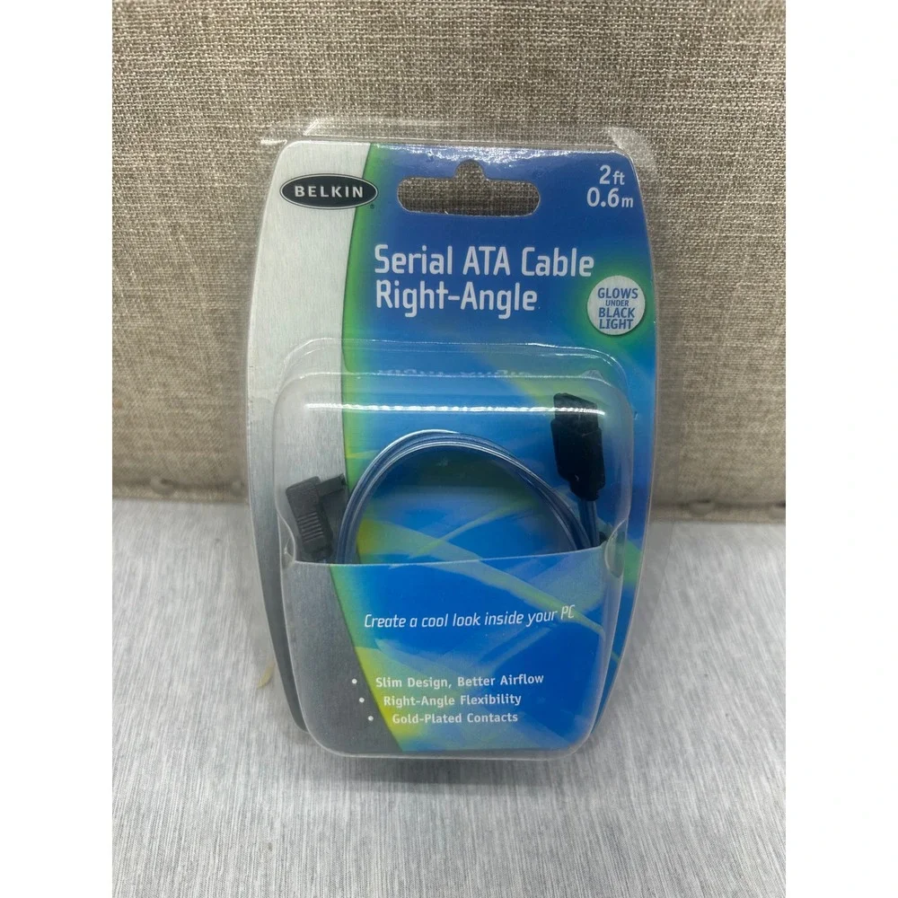 Belkin Serial ATA SATA Cable Right-Angle 2ft Blue UV Reactive F2N1169-02-BLU NEW